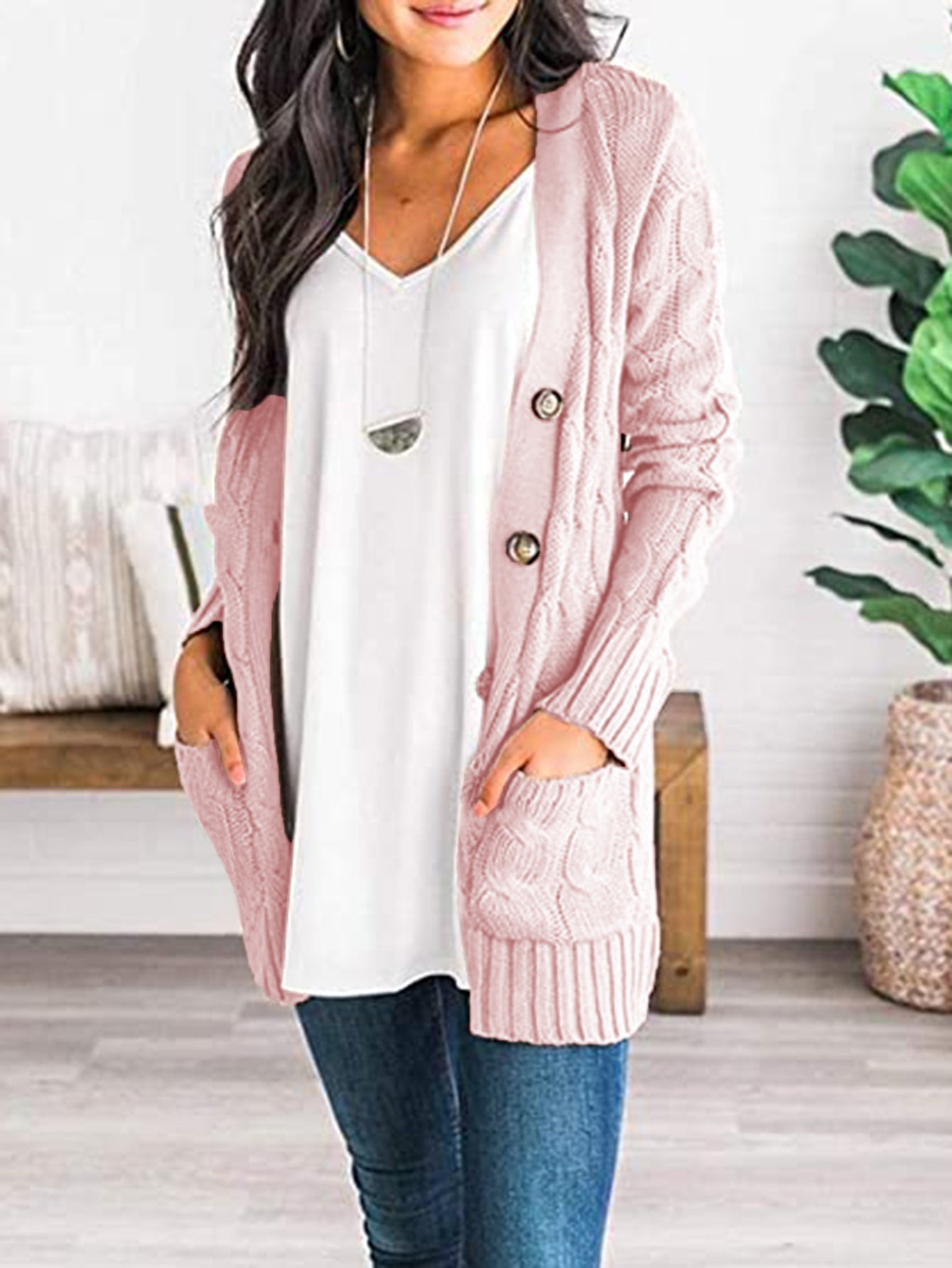 Classic Cable-Knit Buttoned Oversized Cardigan Patch Pockets