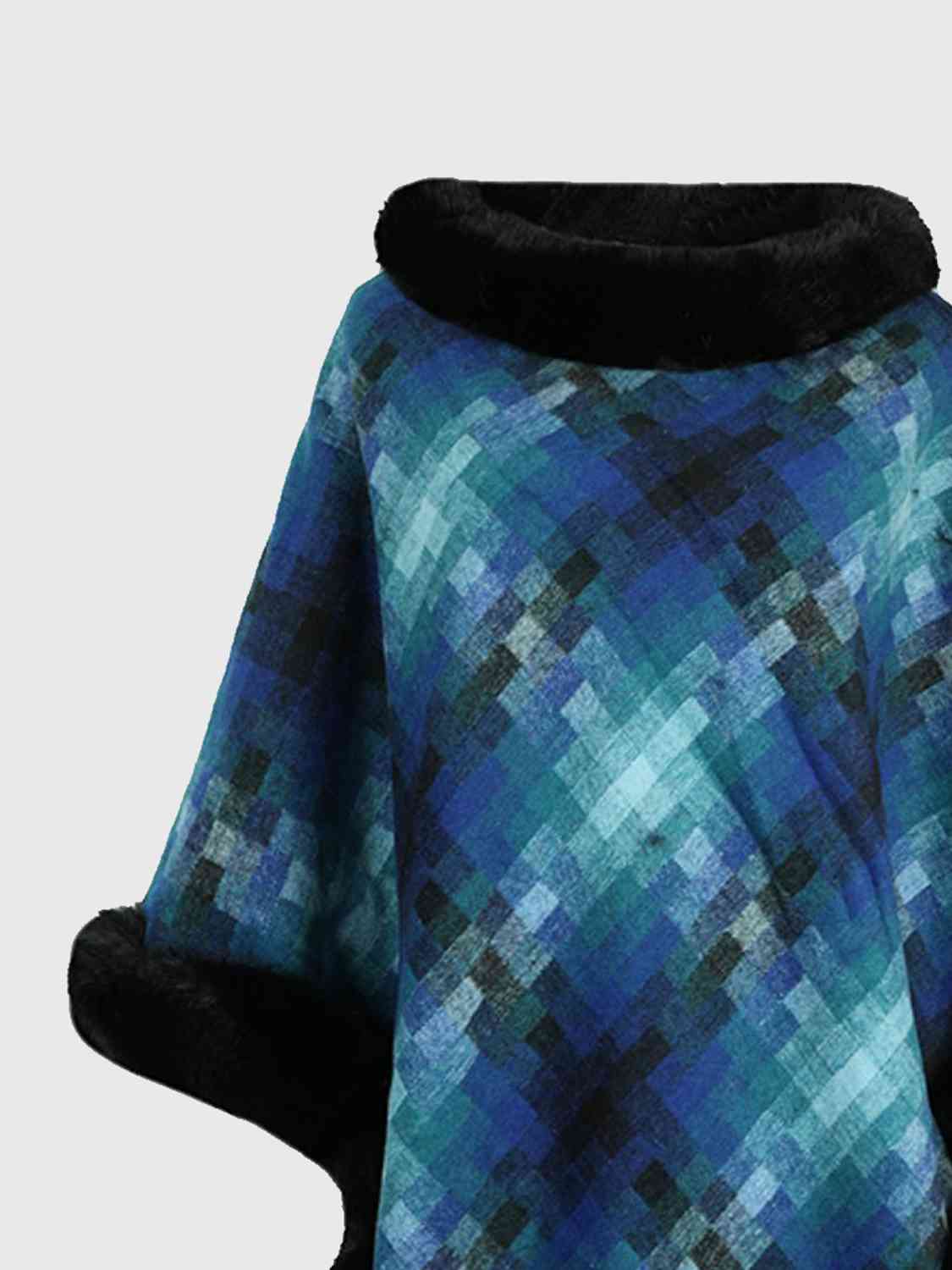 Faux Plush Fur Checker Ombre Glitch Oversized Pullover Sweater Jacket Poncho