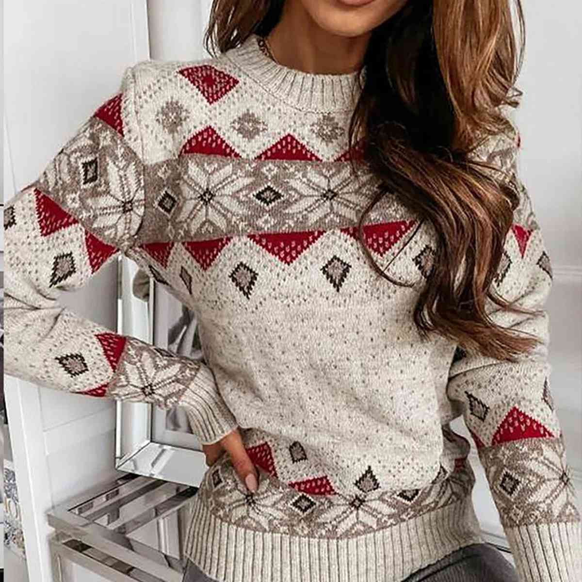 Geometric Fair Isle Contrasting Winter Snowflake Long Sleeve Minimalist Sweater