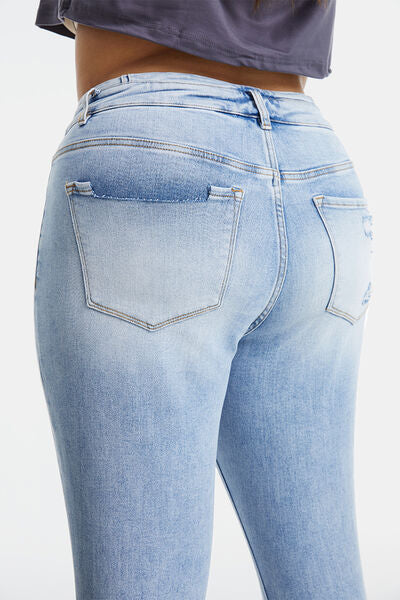 High-Rise Denim Jeans Retro Flare Leg Bell Bottom Raw Hem Pants BAYEAS