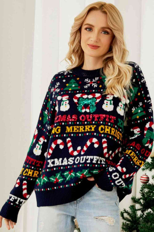 Sparking Xmas Bold Colorful Knit Round Neck Christmas Holiday Oversized Sweater