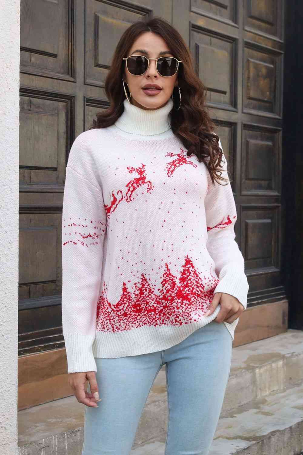 Knit Turtleneck Santa Reindeer Classy Winter Christmas Scene Chic Sweater