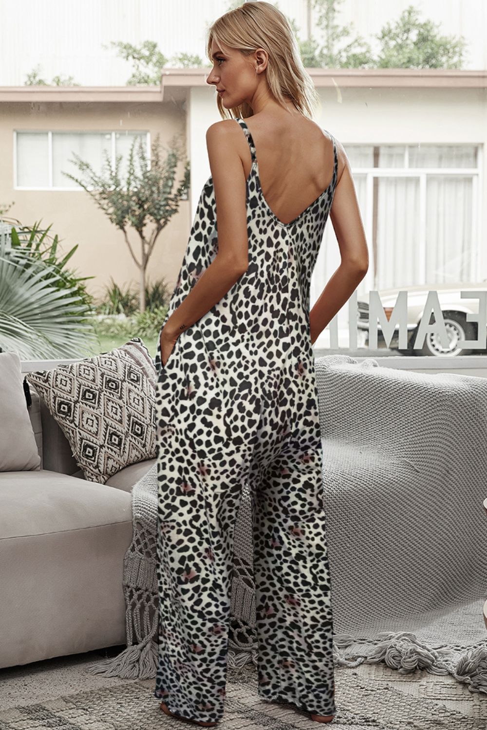 Wide Leg Mix Animal Print Spaghetti Strap One Piece Side Pocket Jumpsuit