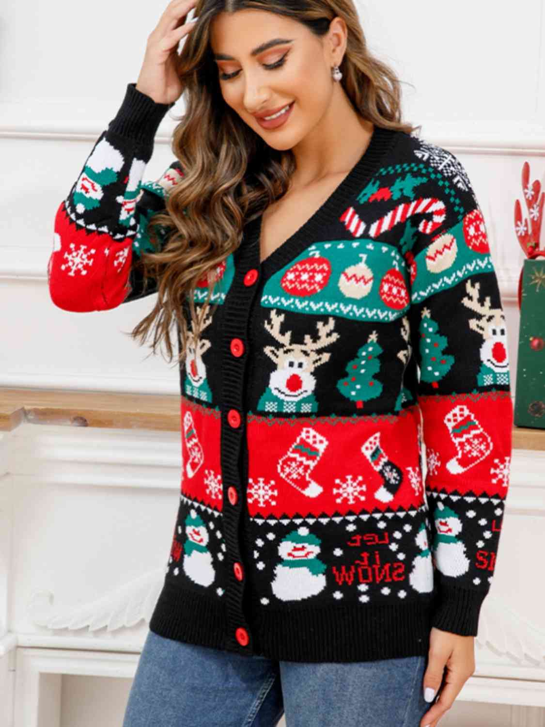 Christmas Let it Snow Long Sleeve Button Fun Colorful Knit Sweater Cardigan