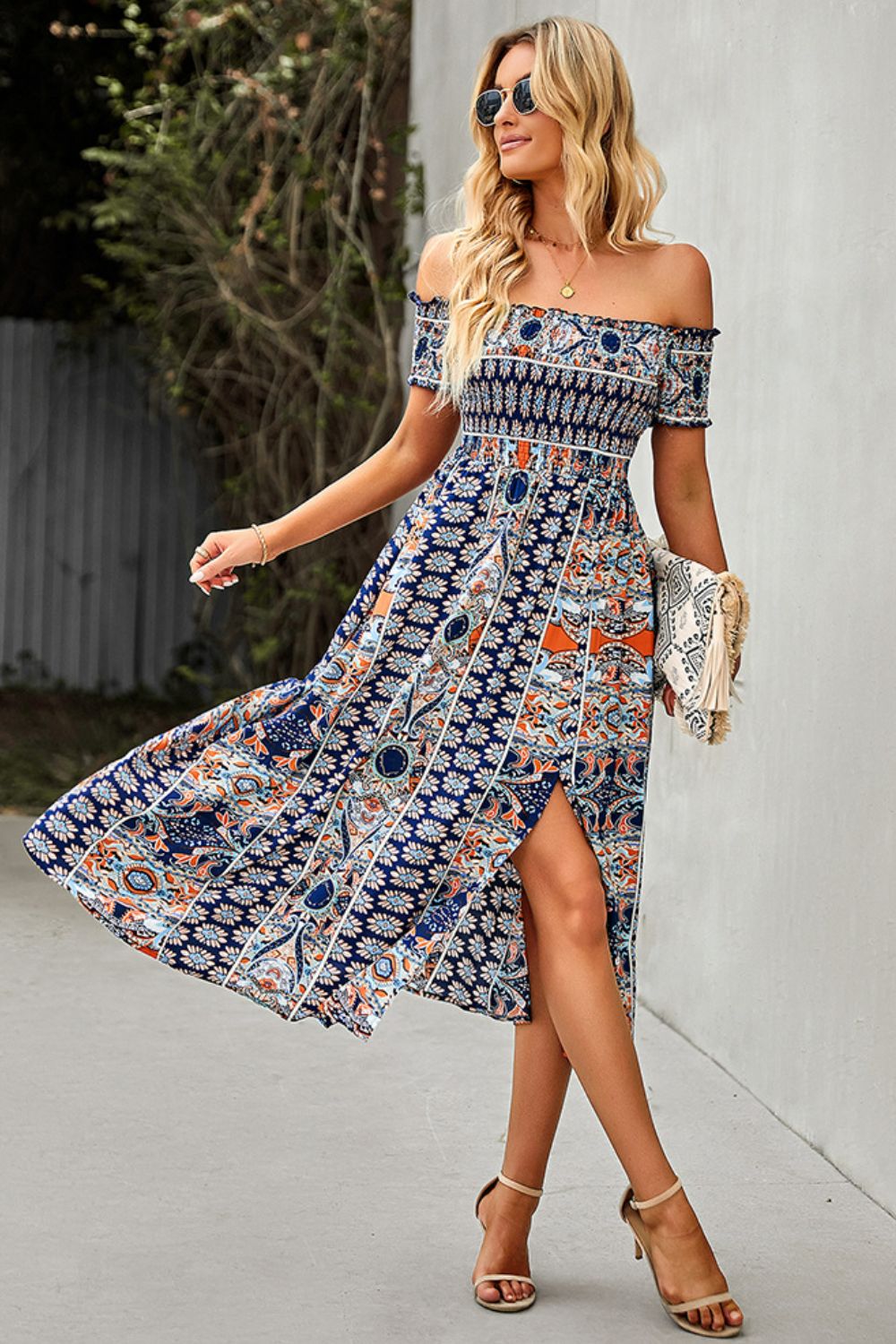 Bohemian Retro 70s Floral Smock Chest Off-Shoulder Midi Summer Dress