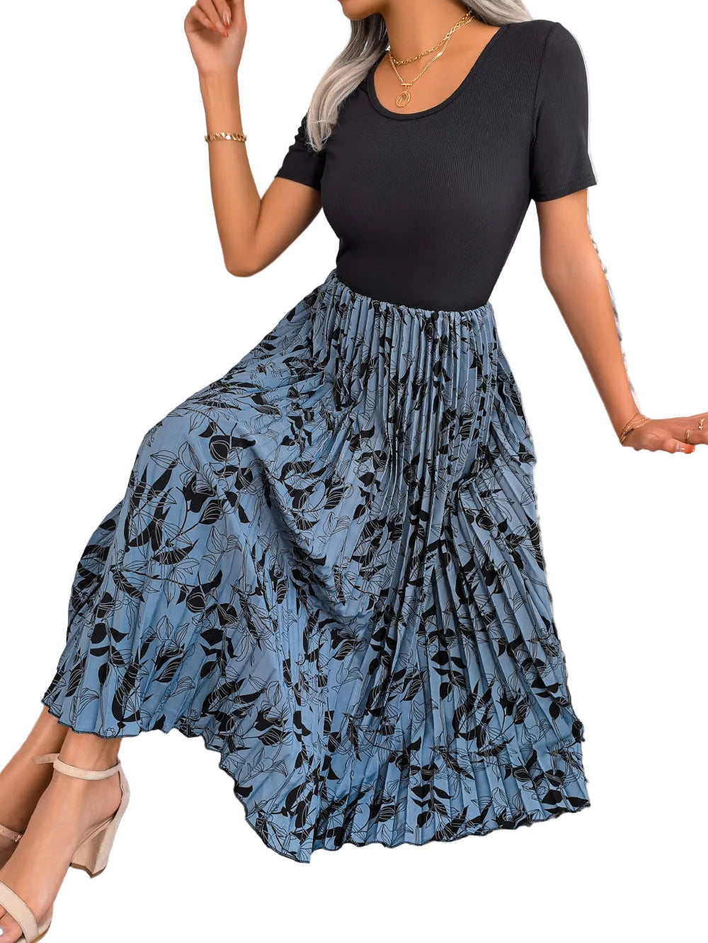 Floral Accordion Pleated Midi Dress Round Neck Short Sleeve Flowing Colorblock A-Line