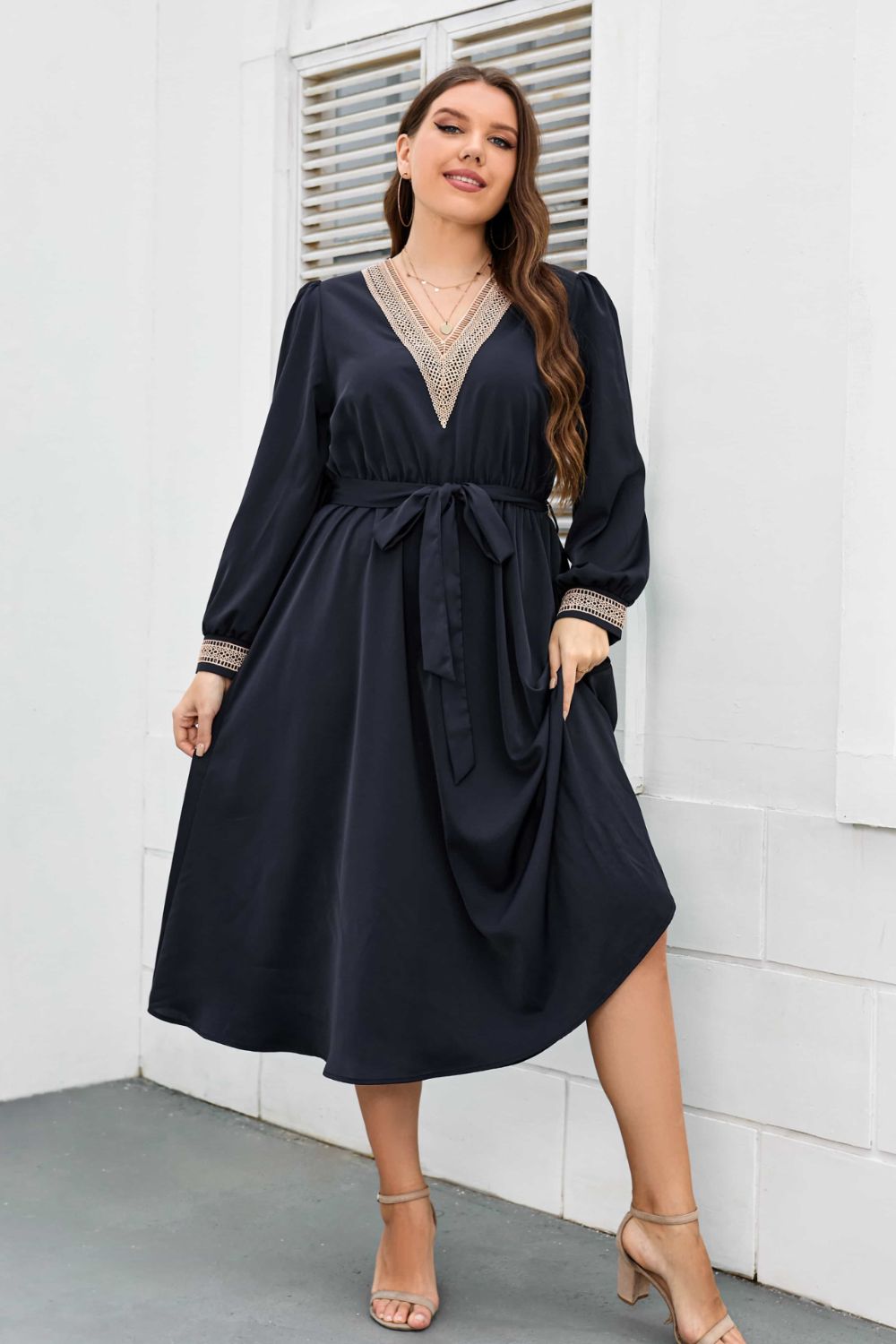 Navy Contrast Lace Trim Tie Waist Long Sleeve Midi Dress (Plus Size Only)