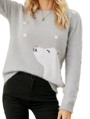 Fuzzy Embroidered Winter Animal Crew Neck Long Sleeve Novelty Holiday Sweater