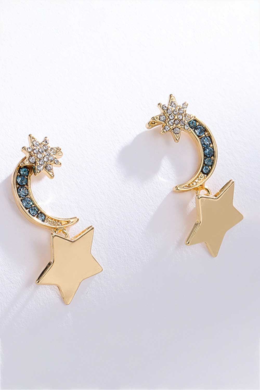 Lasting Wish Inlaid Rhinestone Star and Moon Drop Celestial Earrings