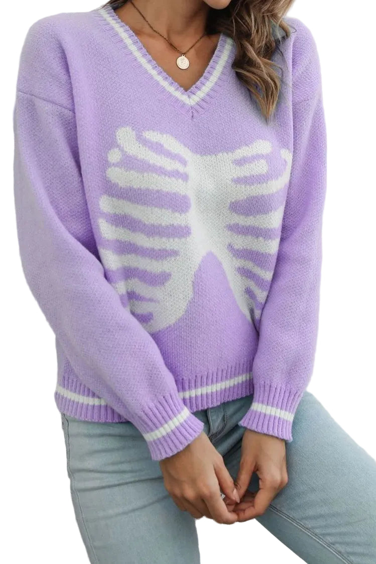 Skeleton Rib Cage V-Neck Top Long Sleeve Knit Pullover Sweater Halloween Grunge