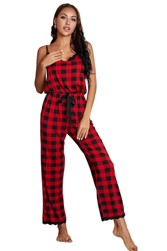Buffalo Plaid One-Piece Lace Trim Elastic Drawstring Pant Jumpsuit Loungewear Sleepwear Outfit