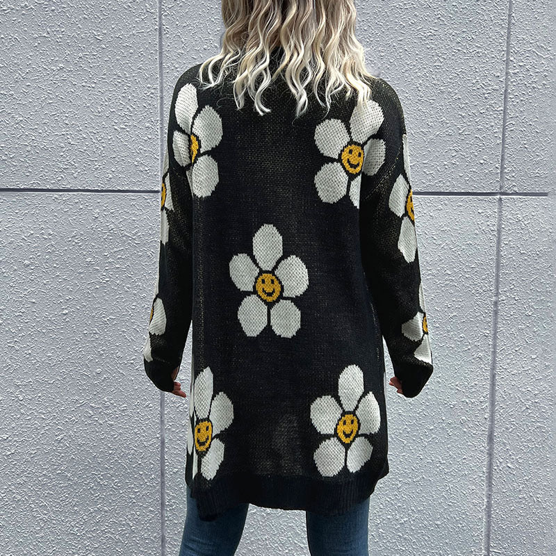 Daisy Smiley Face Button Down Longline Knit Cardigan