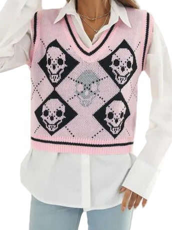 Skull Argyle V-Neck Boxy Knit Sweater Vest Contrast Stripe Sleeveless Pullover Top