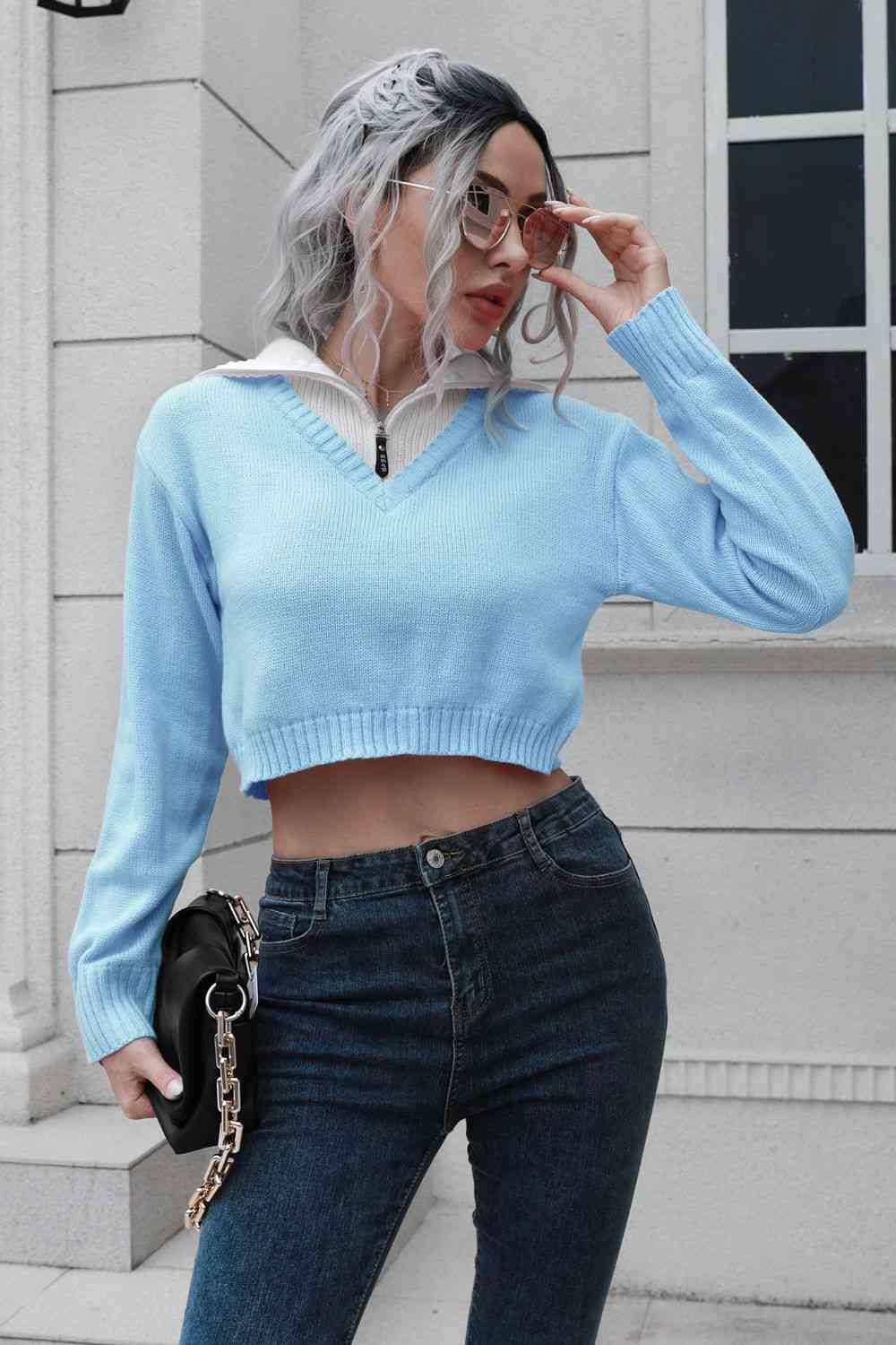 Collar Contrast Color Preppy Crop Top Long Sleeve Faux Layer Sweater Shirt