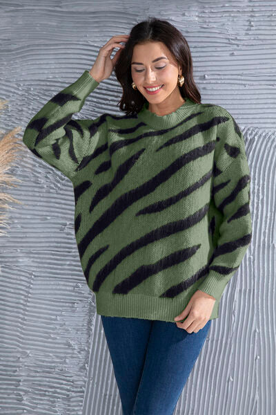 Zebra Stripe Animal Print Long Sleeve Round Neck Oversized Sweater Shirt