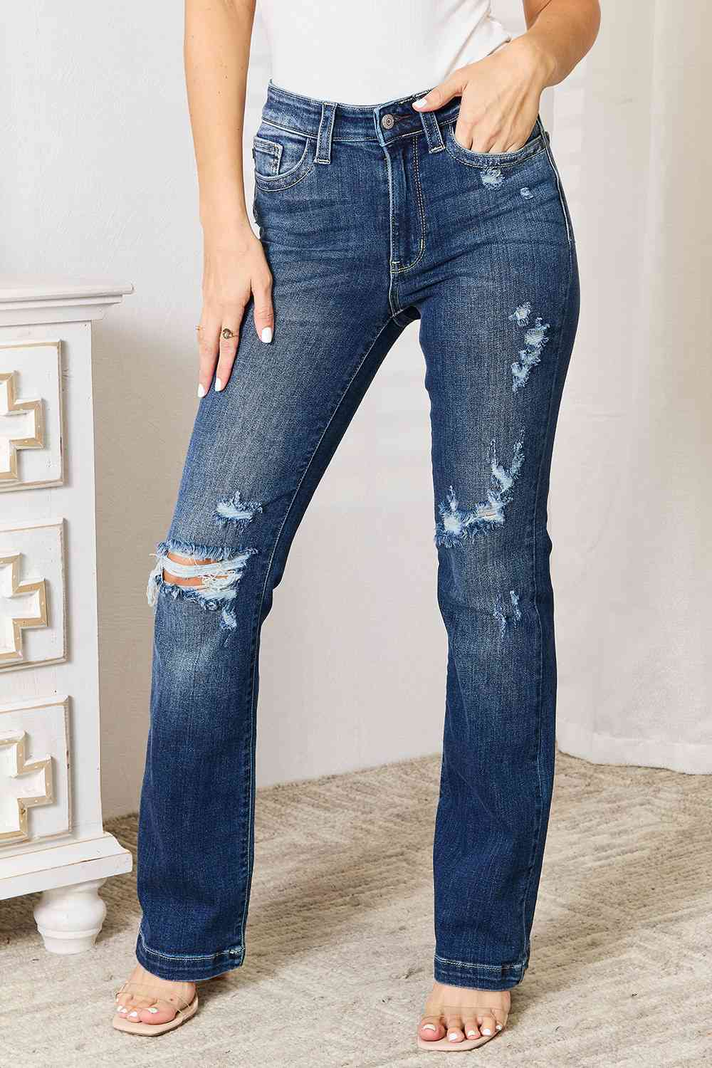 Mid-rise Distressed Ripped Jeans Hand Sand Destroy Boot Cut Pants Judy Blue