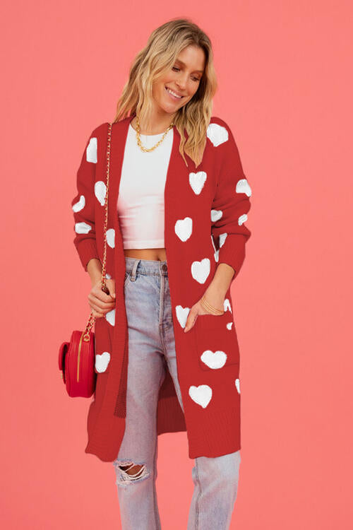 Red Heart Long Knit Open Front Longline Pocket Casual Sweater Cardigan