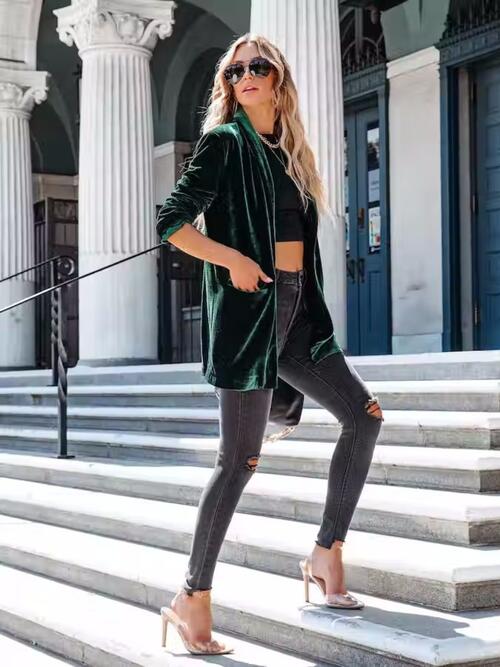 Retro Velour Oversized Boyfriend Blazer 70s Long Sleeve Button Front Pocket Jacket
