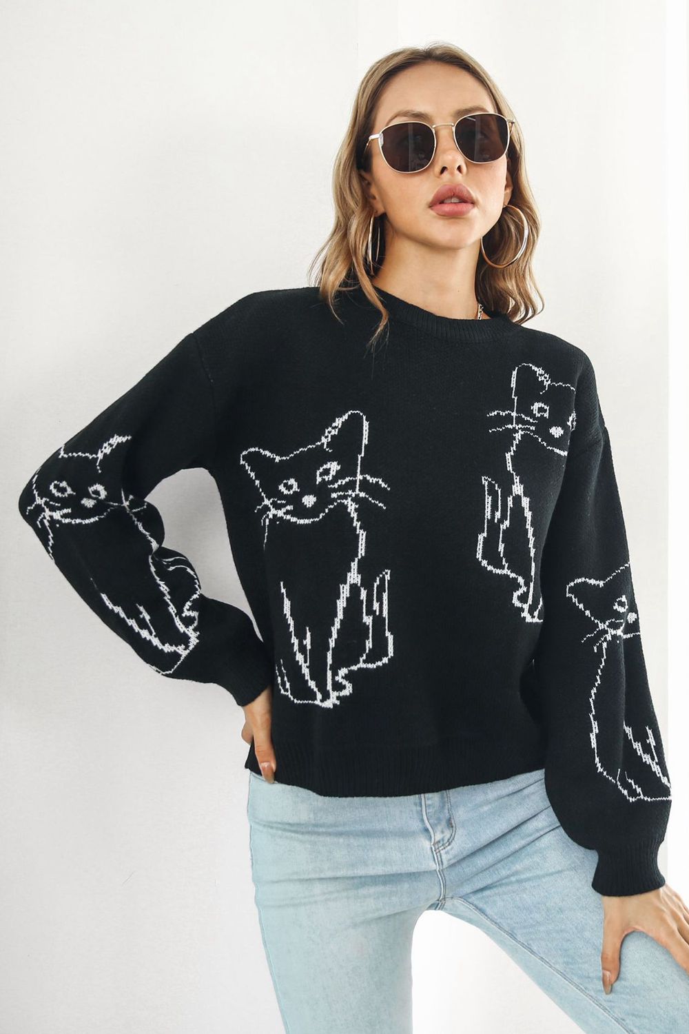 Kitty Cat Knit Round Neck Long Sleeve Pullover Sweater