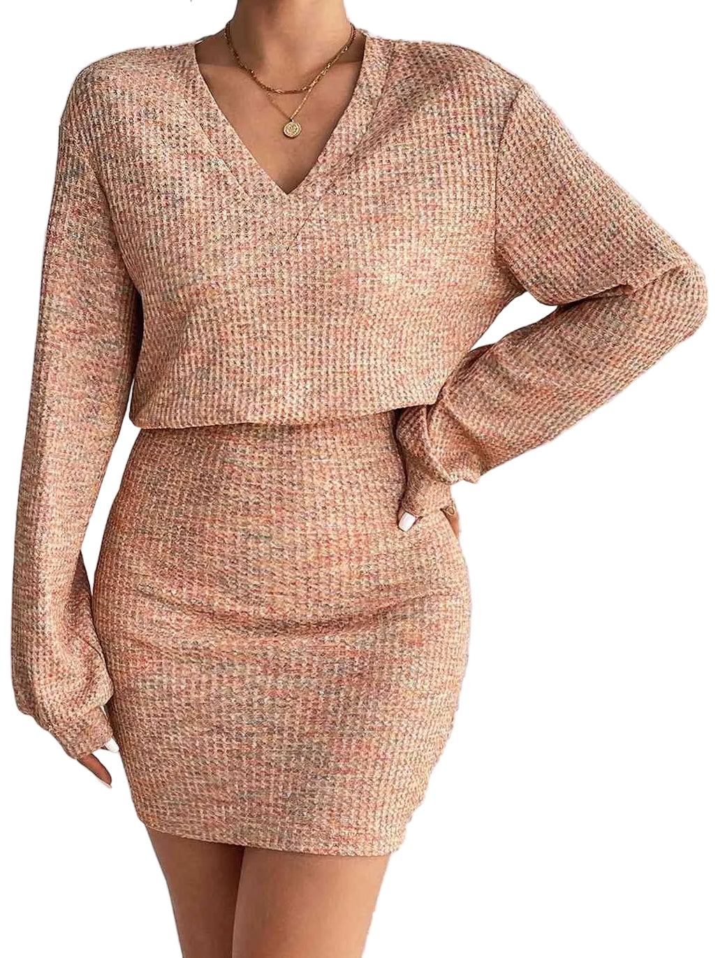 Lace Back Waffle Knit Long Sleeve V-neck Blouson Top Elastic Waist Boho Mini Dress