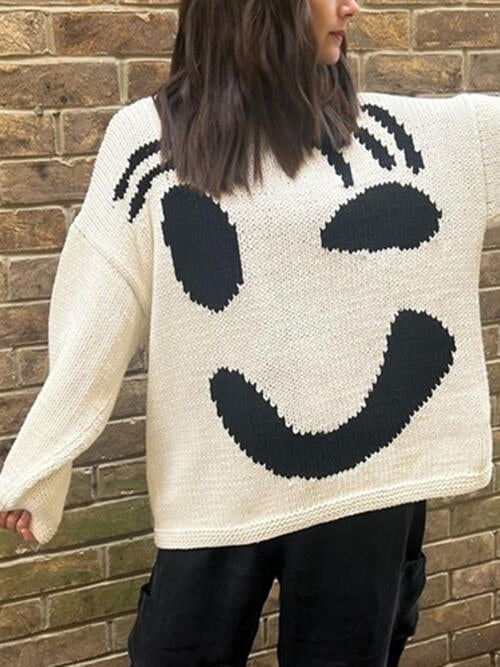 Knit Smiley Face Color Contrast Abstract Long Sleeve Oversized Pullover Sweater Top