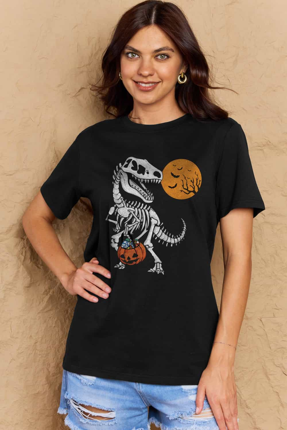 T-Rex Skeleton Trick or Treating Dinosaur Funny Graphic Tee Shirt Halloween Top