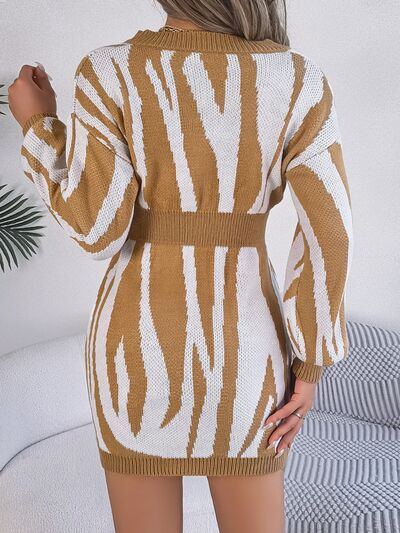 Zebra Knit Sweater Dress Round Neck Playful Animal Print Long Sleeve Mini Tan / M Zebra Knit Sweater Dress Round Neck Playful Animal Print Long Sleeve Mini Tan / M