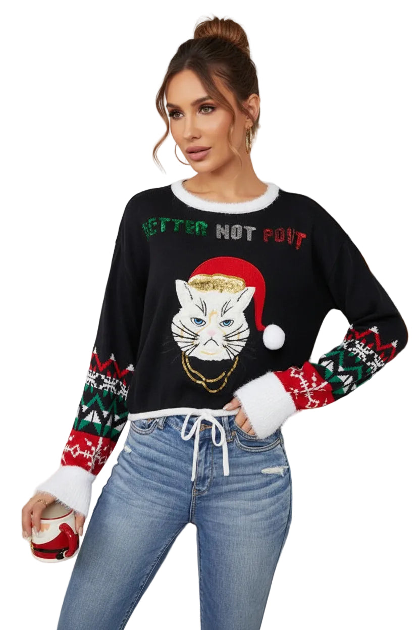 Sequin Christmas Angry Kitty Cat Drawstring Hem Long Sleeve Sweater