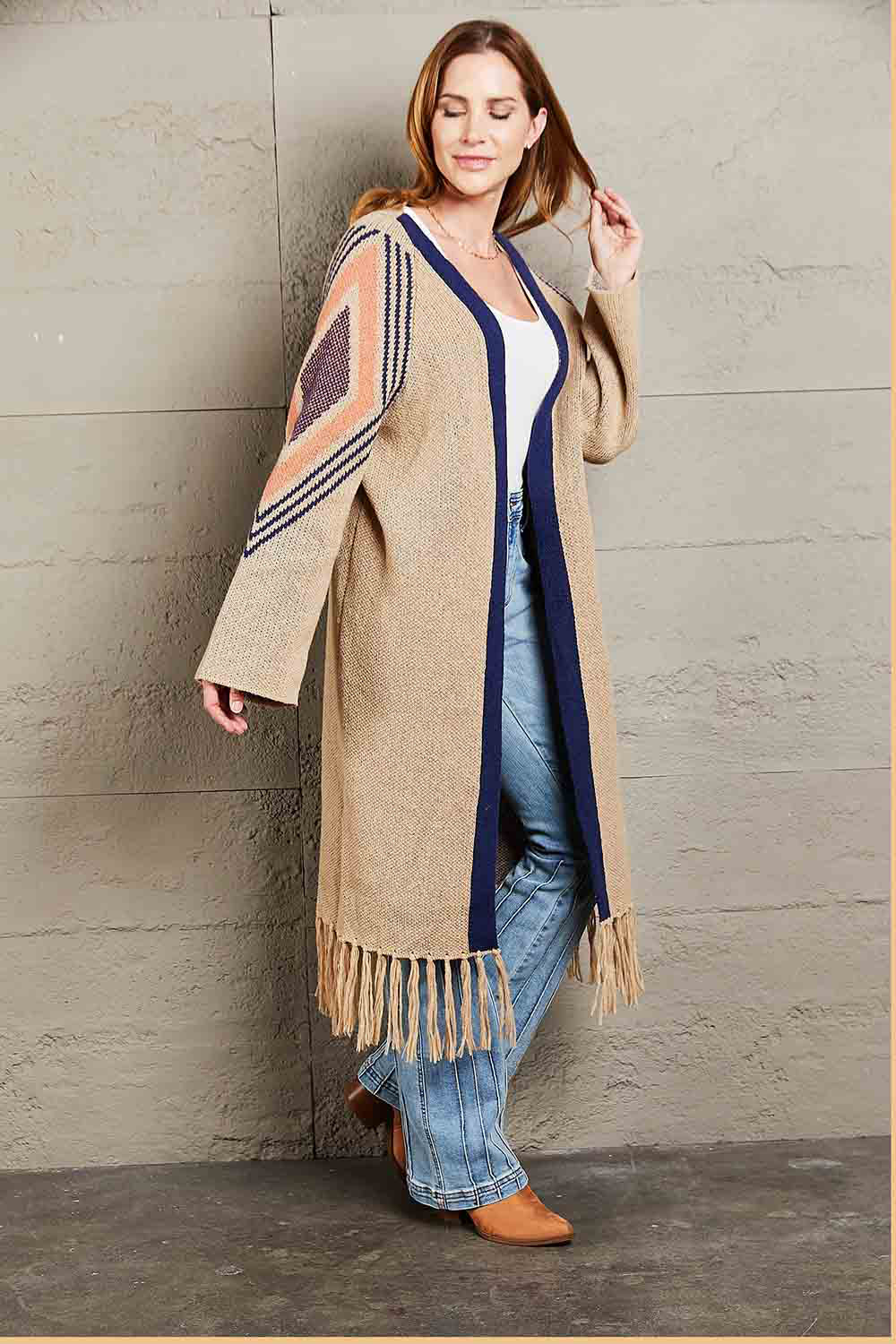 Fringe Retro Geometric Knit Cardigan Sleeve Colorful Open Front Sweater Duster