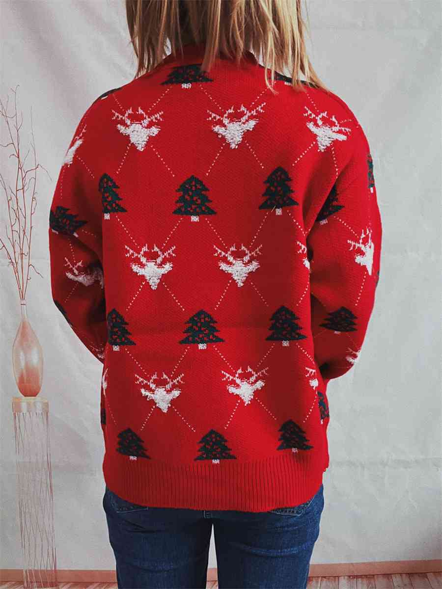 Fuzzy Shag Knit Reindeer Tree Argyle Round Neck Winter Soft Print Sweater