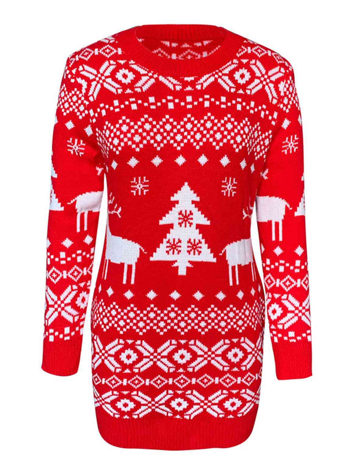 Winter Tree Snowflake Reindeer Fair Isle Classic Knit Long Sleeve Mini Sweater Dress