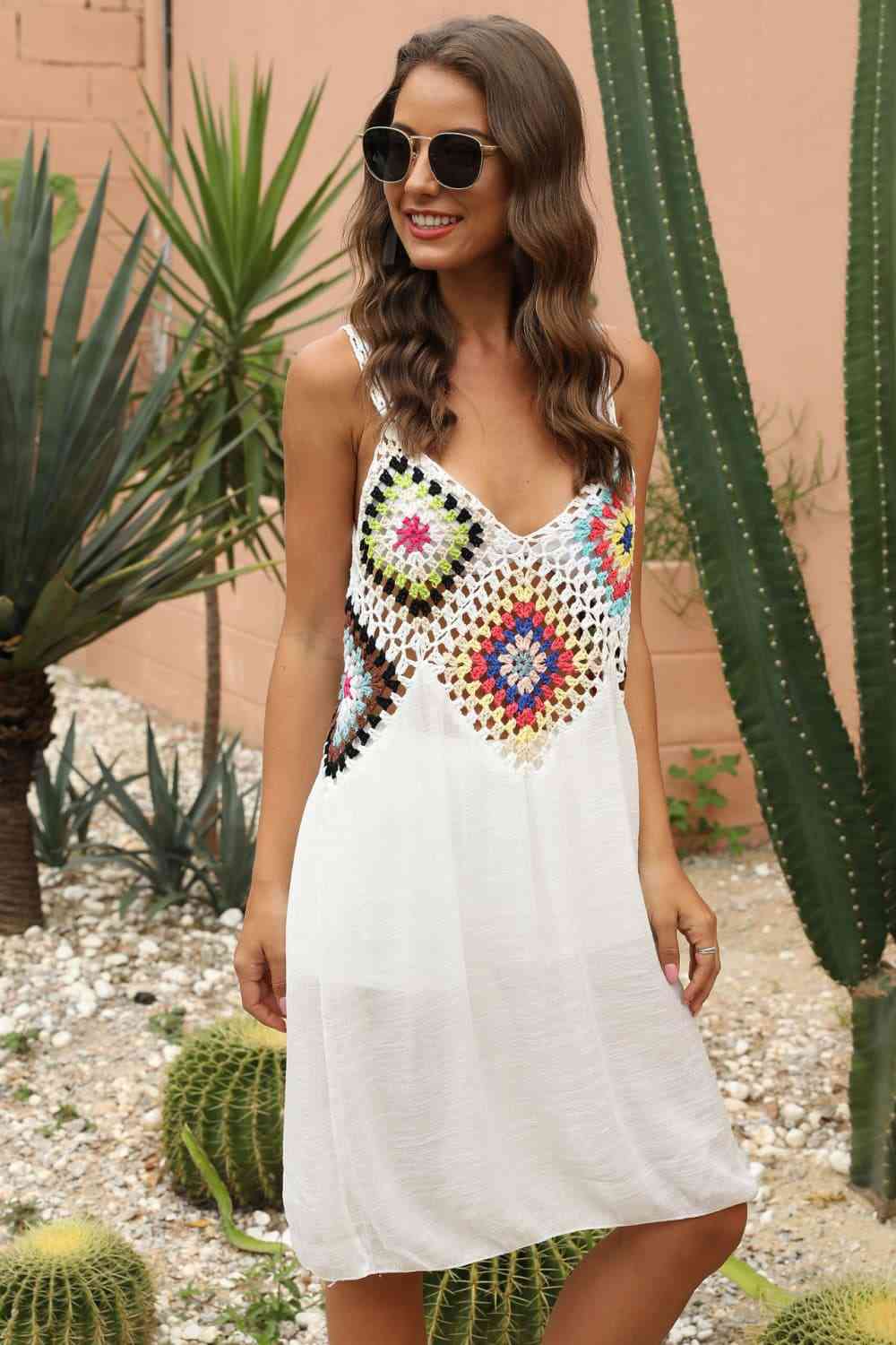 Granny Square Crochet Openwork Retro Swimwear Cover-Up Sleeveless Mini Dress