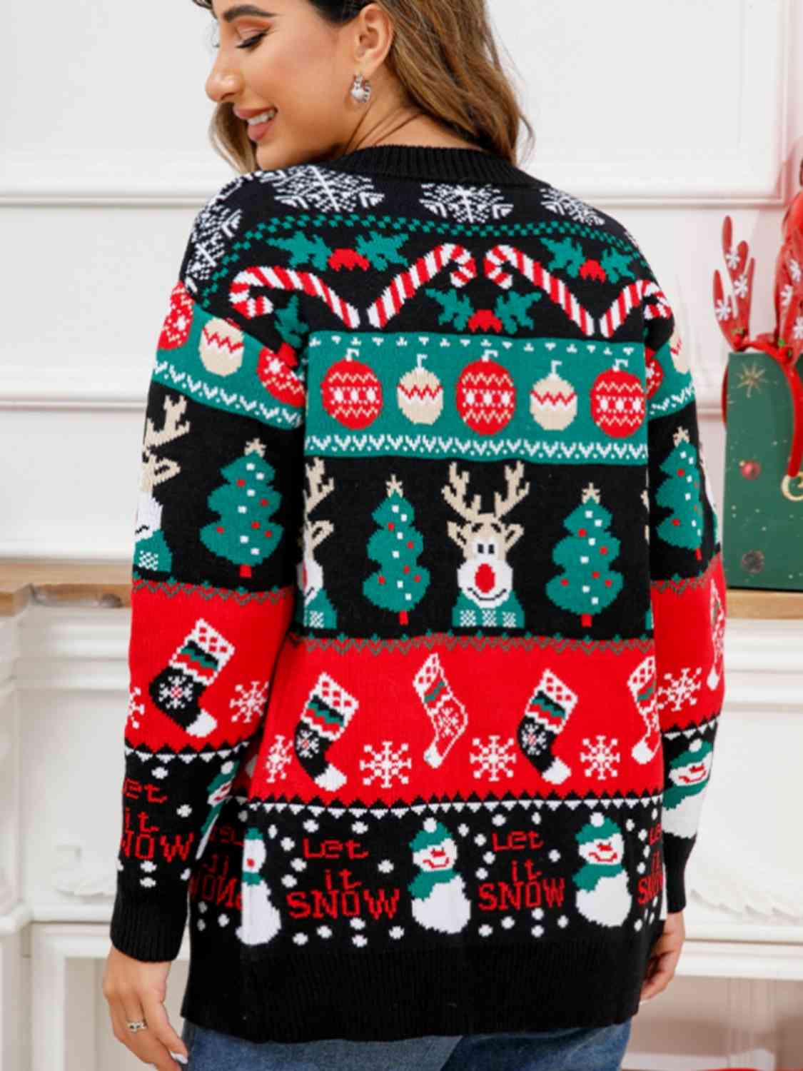 Christmas Let it Snow Long Sleeve Button Fun Colorful Knit Sweater Cardigan