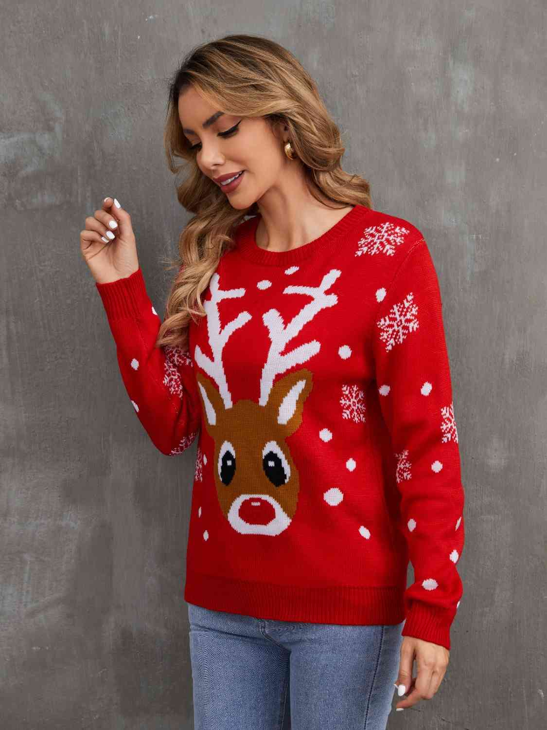 Rudolph Reindeer Round Neck Winter Holiday Long Sleeve Christmas Knit Sweater