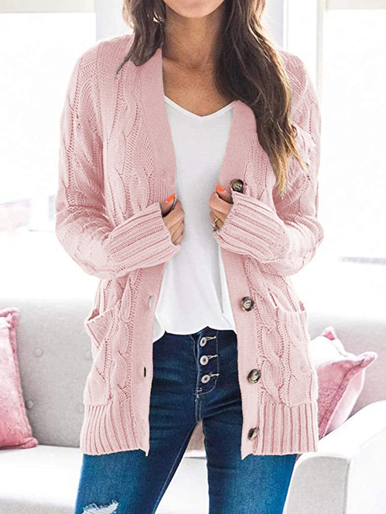 Classic Cable-Knit Buttoned Oversized Cardigan Patch Pockets