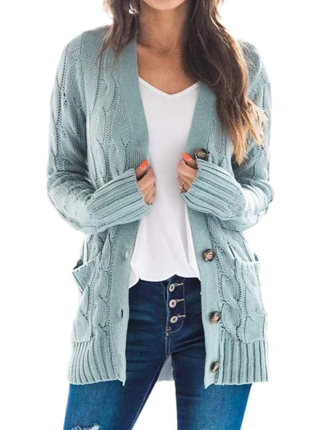 Classic Cable-Knit Buttoned Oversized Cardigan Patch Pockets