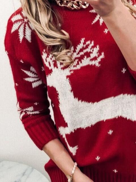 Reindeer Winter Snow Chic Knit Round Neck Classy Holiday Sweater