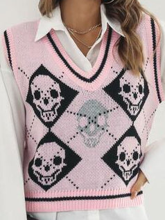 Skull Argyle V-Neck Boxy Knit Sweater Vest Contrast Stripe Sleeveless Pullover Top