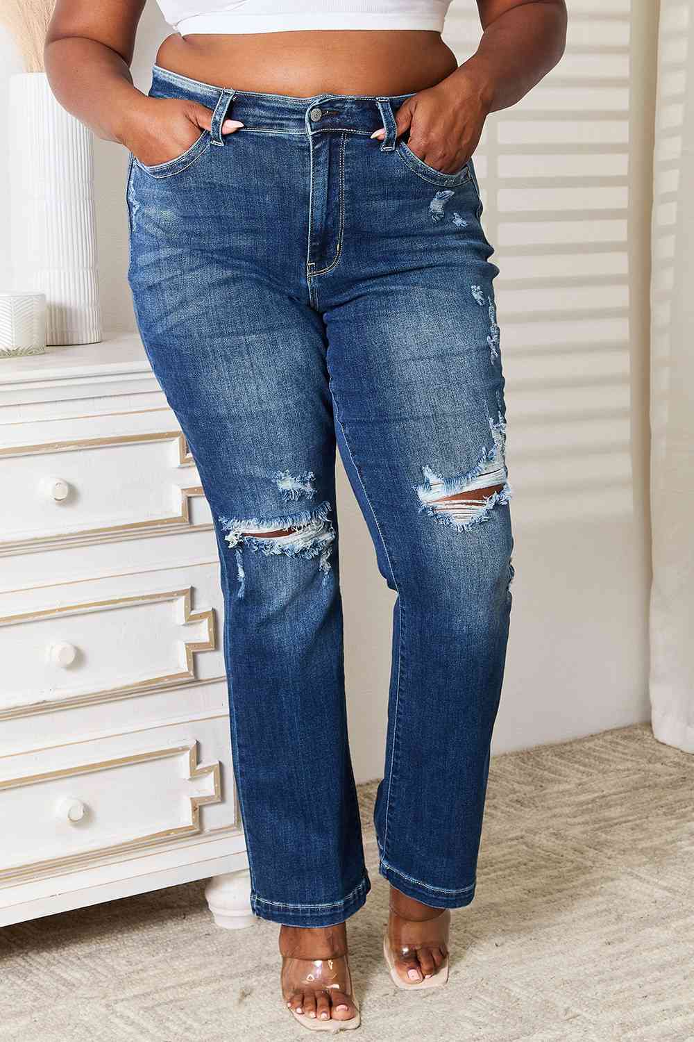 Mid-rise Distressed Ripped Jeans Hand Sand Destroy Boot Cut Pants Judy Blue