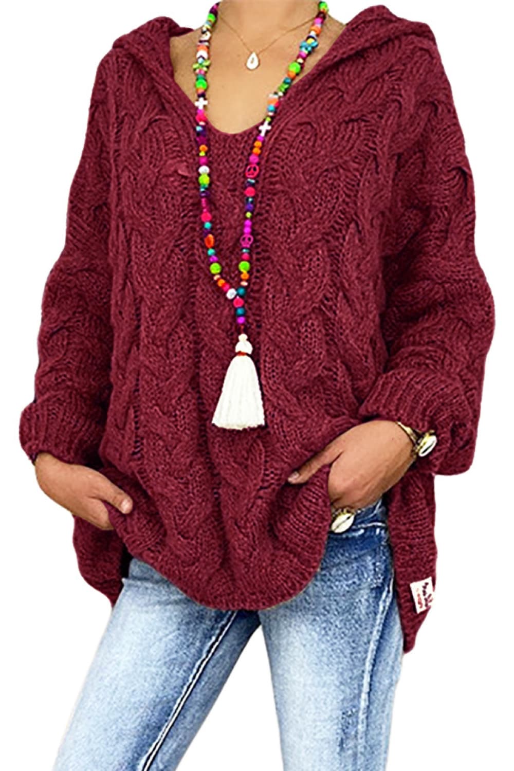 Chunky Cable-Knit Oversized Hoodie Long Sleeve Fall Winter Pullover Sweater