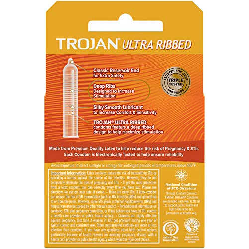 TROJAN Ribbed Condom Stimulations Ultra ribbed 3 Count discreet box