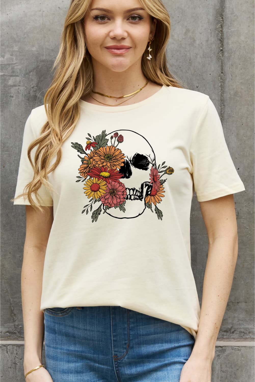 Retro Bold Floral Skull Graphic Short-sleeve Tee Shirt 100% Premium Cotton