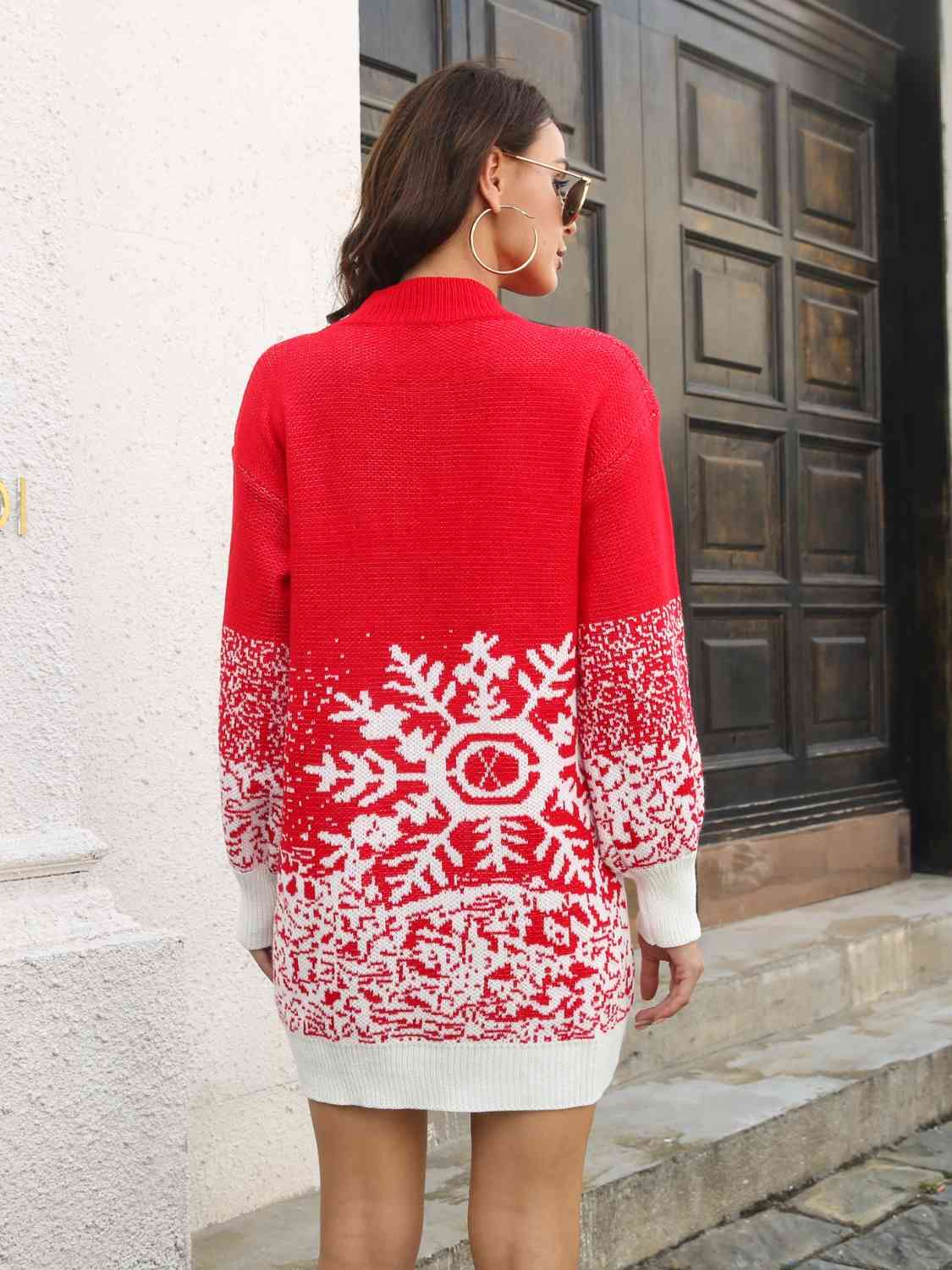 Contrasting Color Snowflake Classic Knit Long Sleeve Mini Sweater Dress