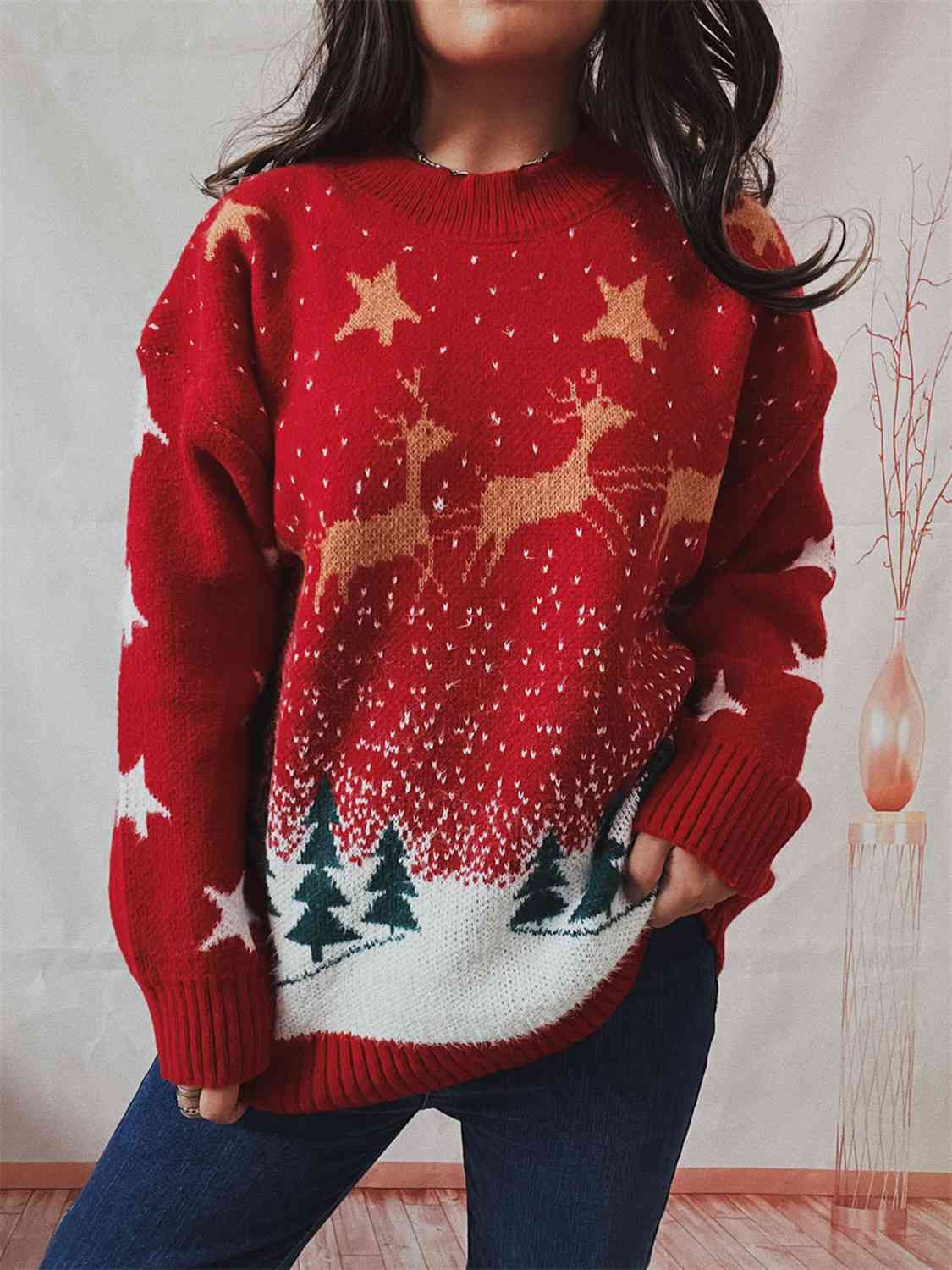 Bold Knit Christmas Santa Reindeer Round Neck Classy Holiday Winter Sweater