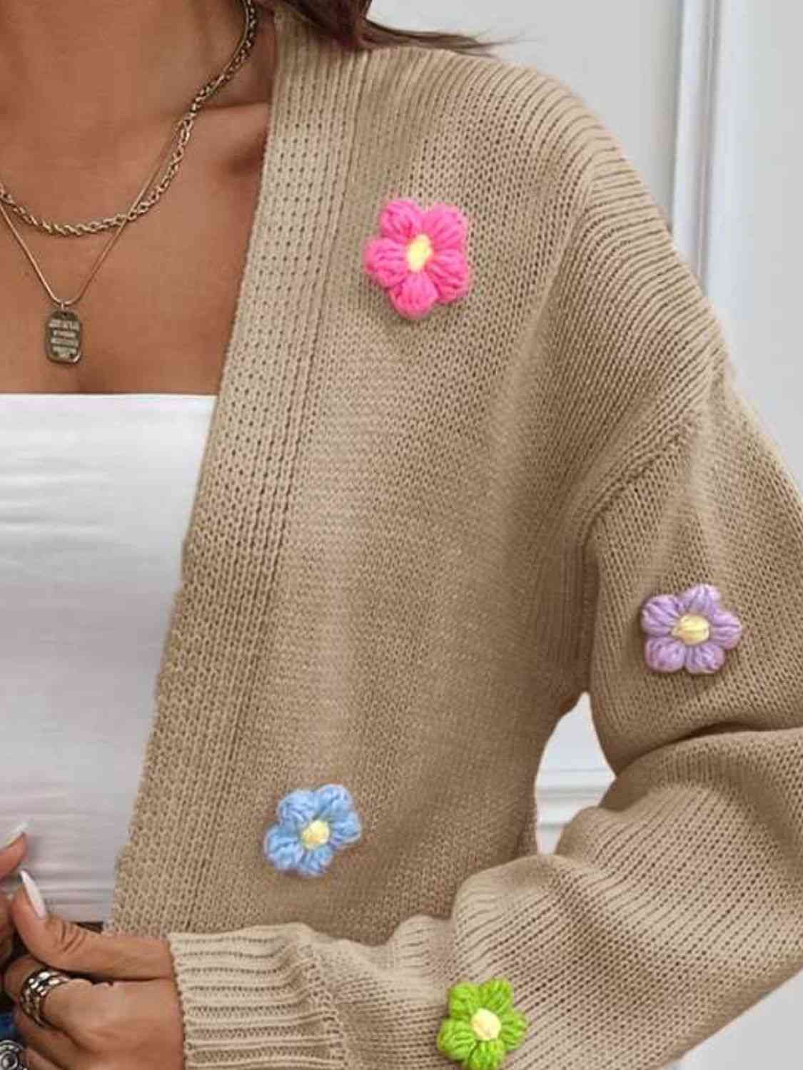 Colorful Crochet Daisy Flower Long Sleeve Open Front Waffle Knit Cardigan Sweater