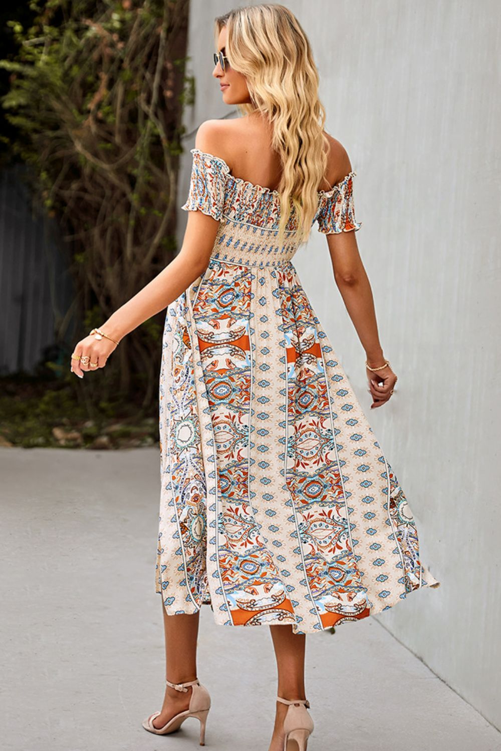 Bohemian Retro 70s Floral Smock Chest Off-Shoulder Midi Summer Dress