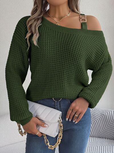 Waffle Knit Cold Shoulder Asymmetrical Gold Accent Long Sleeve Sweater Shirt