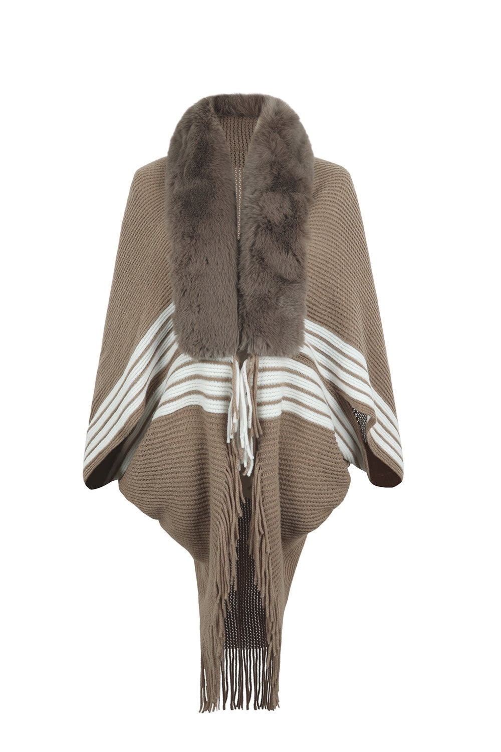 Faux Fur Fringe Hem Oversized Knit Stripe Cardigan Poncho