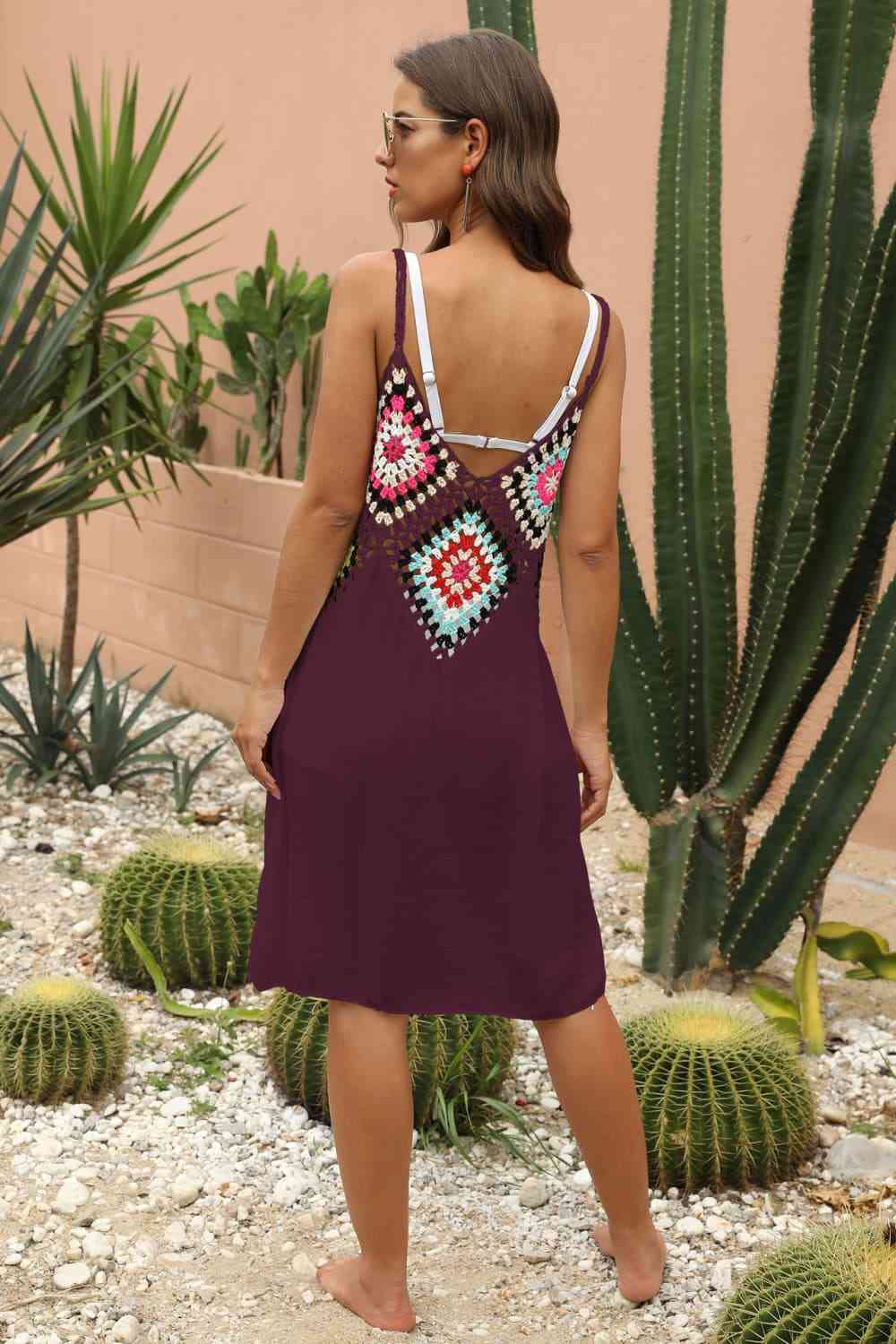 Granny Square Crochet Openwork Retro Swimwear Cover-Up Sleeveless Mini Dress