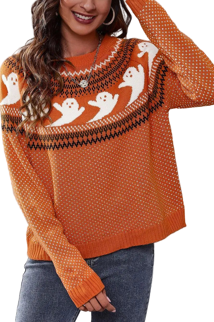 Ghost Fair Isle Nordic Crew Neck Top Long Sleeve Halloween Pullover Knit Sweater